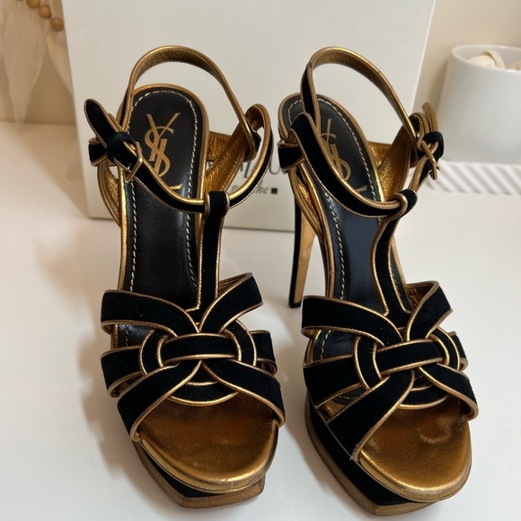 Yves Saint Laurent YSL Suede Black Gold Cutout Accent T-Strap Sandals - Picture 12 of 13